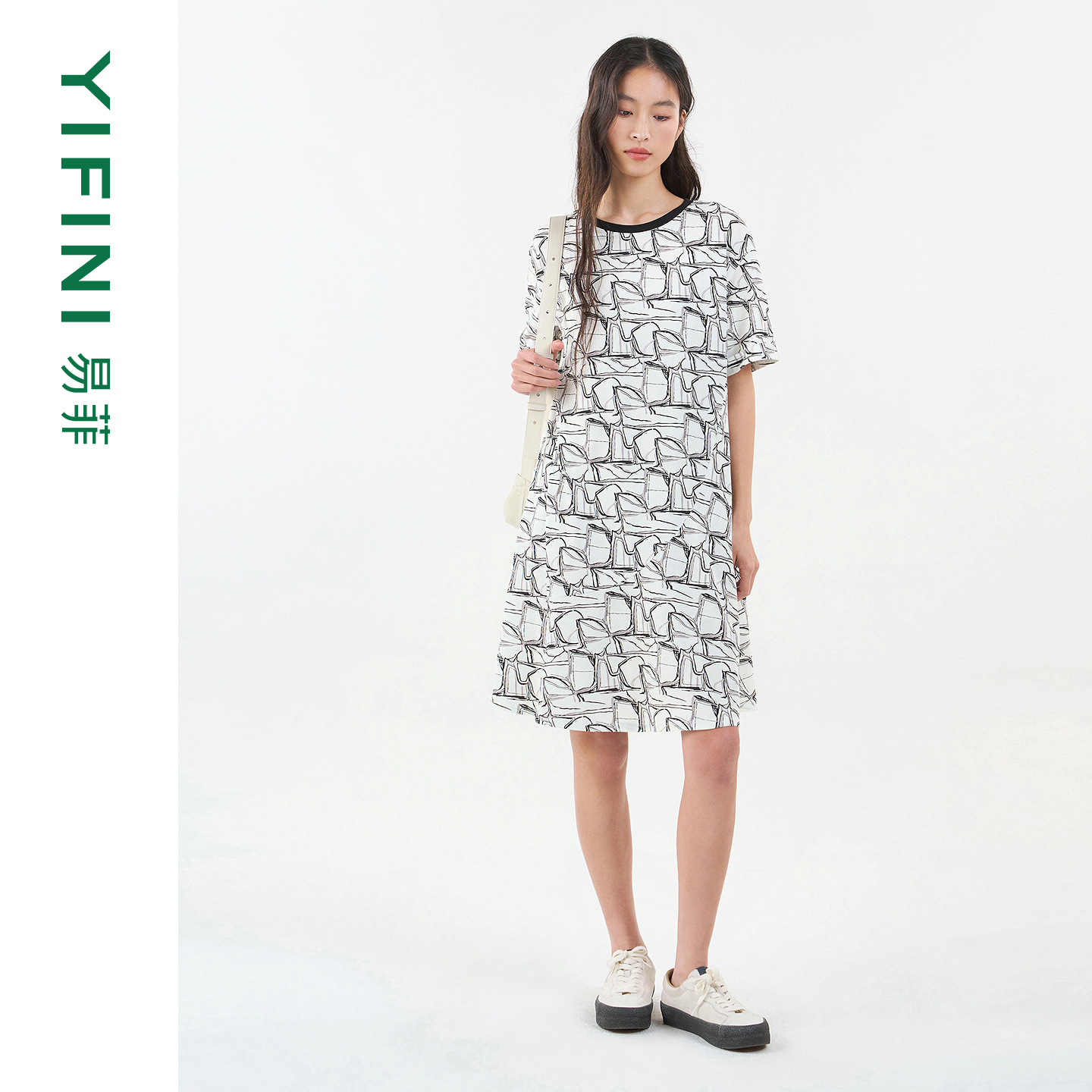 易菲几何抽象印花百搭休闲连衣裙