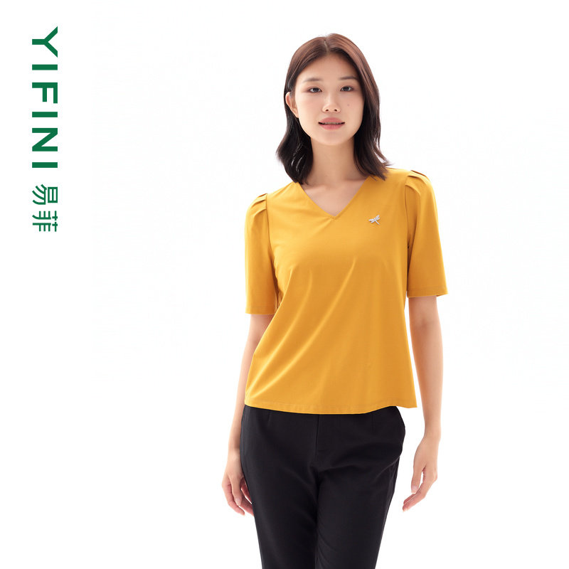 [专柜同款]Yifini/易菲肩部打褶V领气质通勤宽松短款时尚T恤夏新