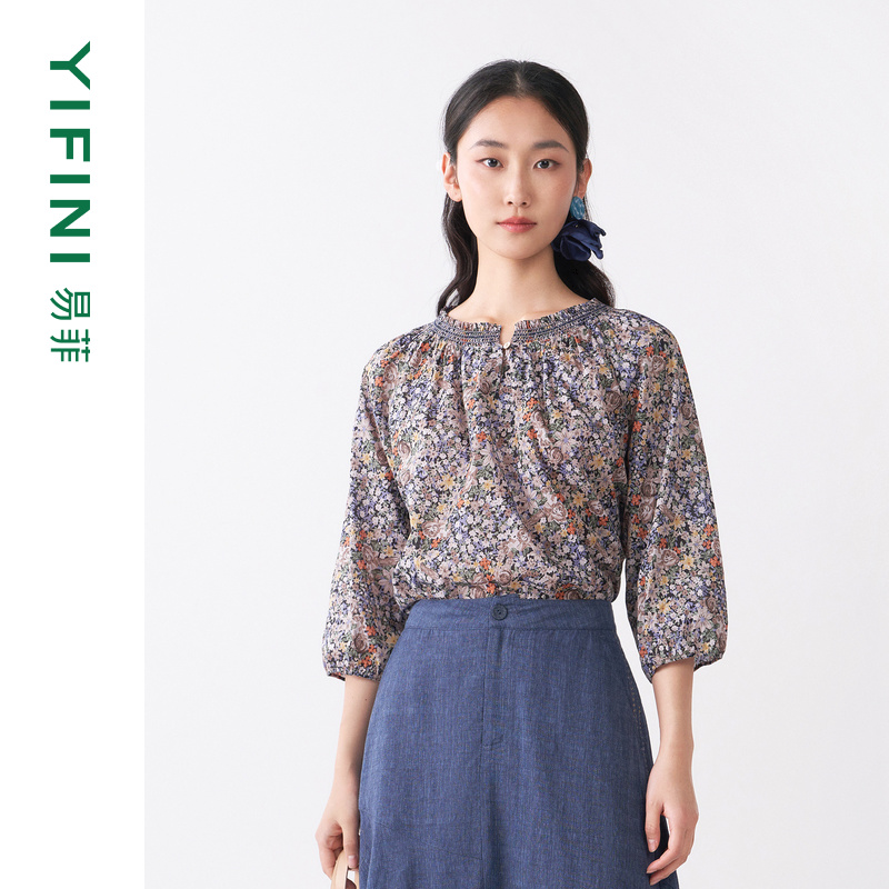 易菲七分袖纯棉印花套头小衫