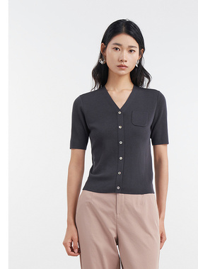 [专柜同款]Yifini/易菲假开襟V领套头凉感短袖修身针织衫Y04M1603