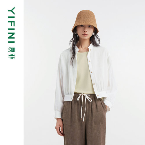 易菲纯棉泡泡绉截短款通勤外套