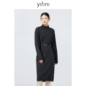 Yifini/易菲宽松落肩长款高领针织裙秋冬新款保暖显瘦连衣裙