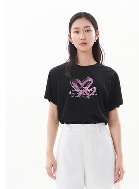 [专柜同款]Yifini/易菲  以爱之名  宽松短款时尚印花T恤女上衣