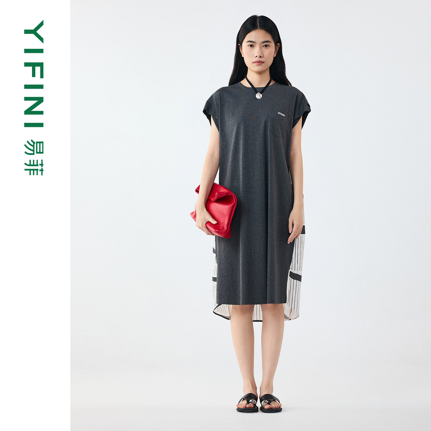 [专柜同款]Yifini/易菲时尚拼接假两件廓形短袖连衣裙女2026夏新
