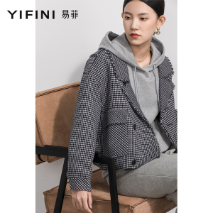 Yifini/易菲大翻领短款宽松外套女春秋新款复古格纹落肩上衣