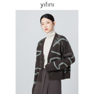 百搭V领外套 女秋冬新款 Yifini 易菲100%绵羊毛宽松针织开衫