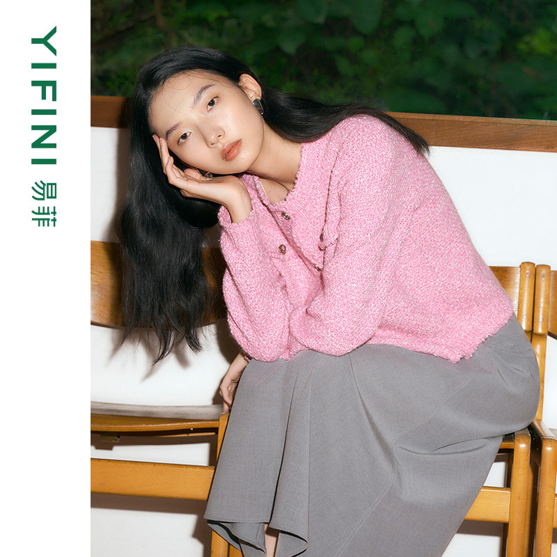 [专柜同款]Yifini/易菲时尚百搭截短款小香风混毛段染针织开衫女