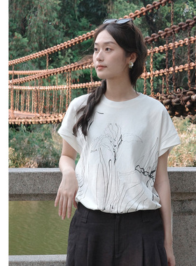 [专柜同款]Yifini/易菲盒纸纱宽松文艺印花气质T恤女上衣D04Z1018