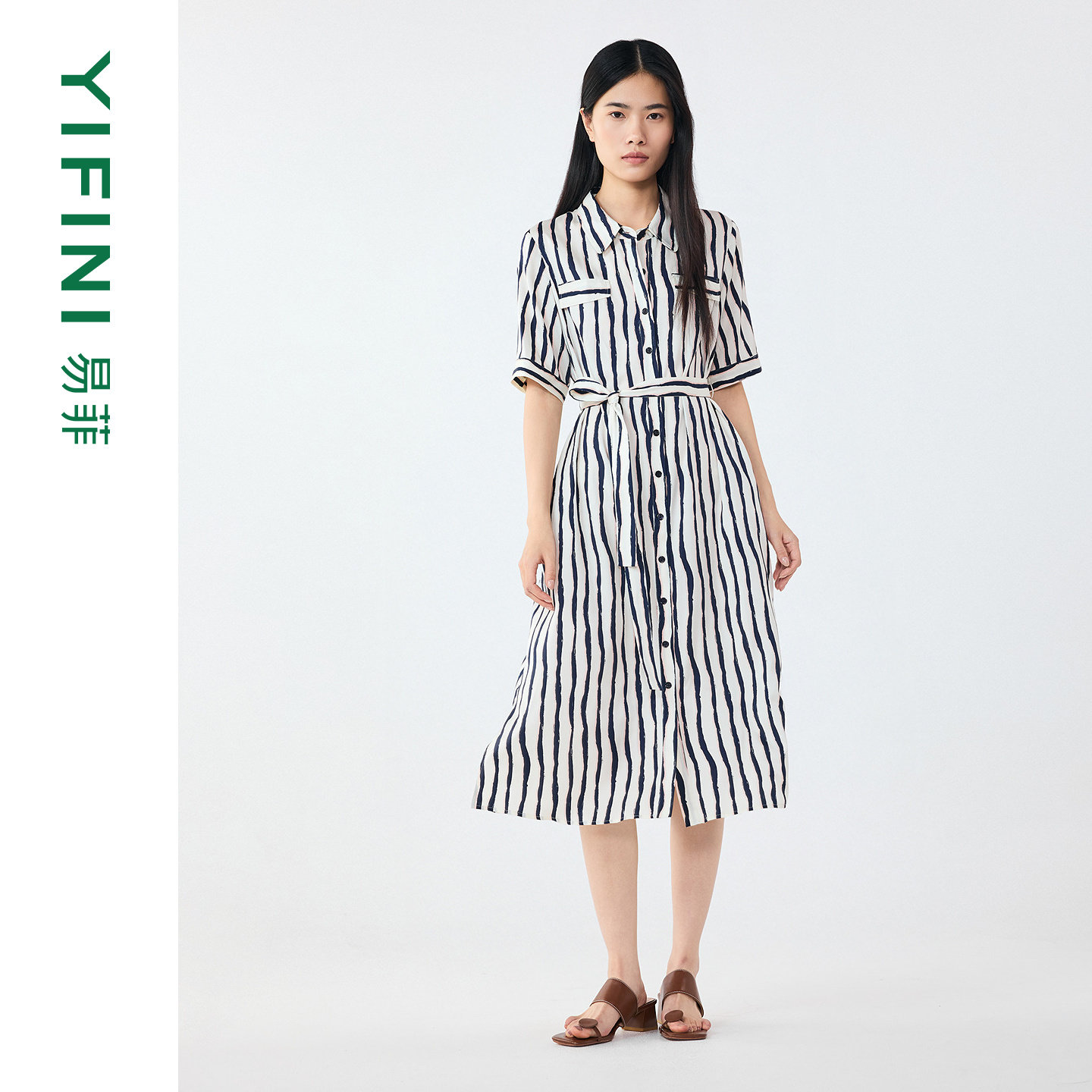 [专柜同款]Yifini/易菲真丝竖条纹印花衬衫式宽松连衣裙夏季新款