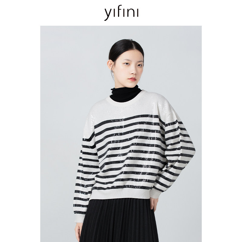Yifini/易菲黑白条纹圆领宽松毛衫女秋冬新款保暖羊毛针织衫,女装/女士精品,毛针织衫,淘宝优惠券,粉丝福利购,淘宝优惠卷