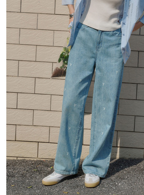 [专柜同款]Yifini/易菲单宁蓝色烫钻印花阔腿裤女牛仔裤D04K1032
