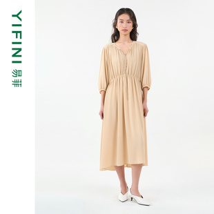 中袖 易菲气质V领泡泡绉五分袖 专柜同款 连衣裙2025秋新款 Yifini