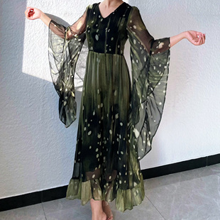 原创设计蝴蝶袖 仙裙乔其纱收腰墨绿渐变连衣裙