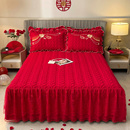 夹棉床套防滑床单床套枕套三件套 大红色结婚庆床裙式 床罩单件加厚