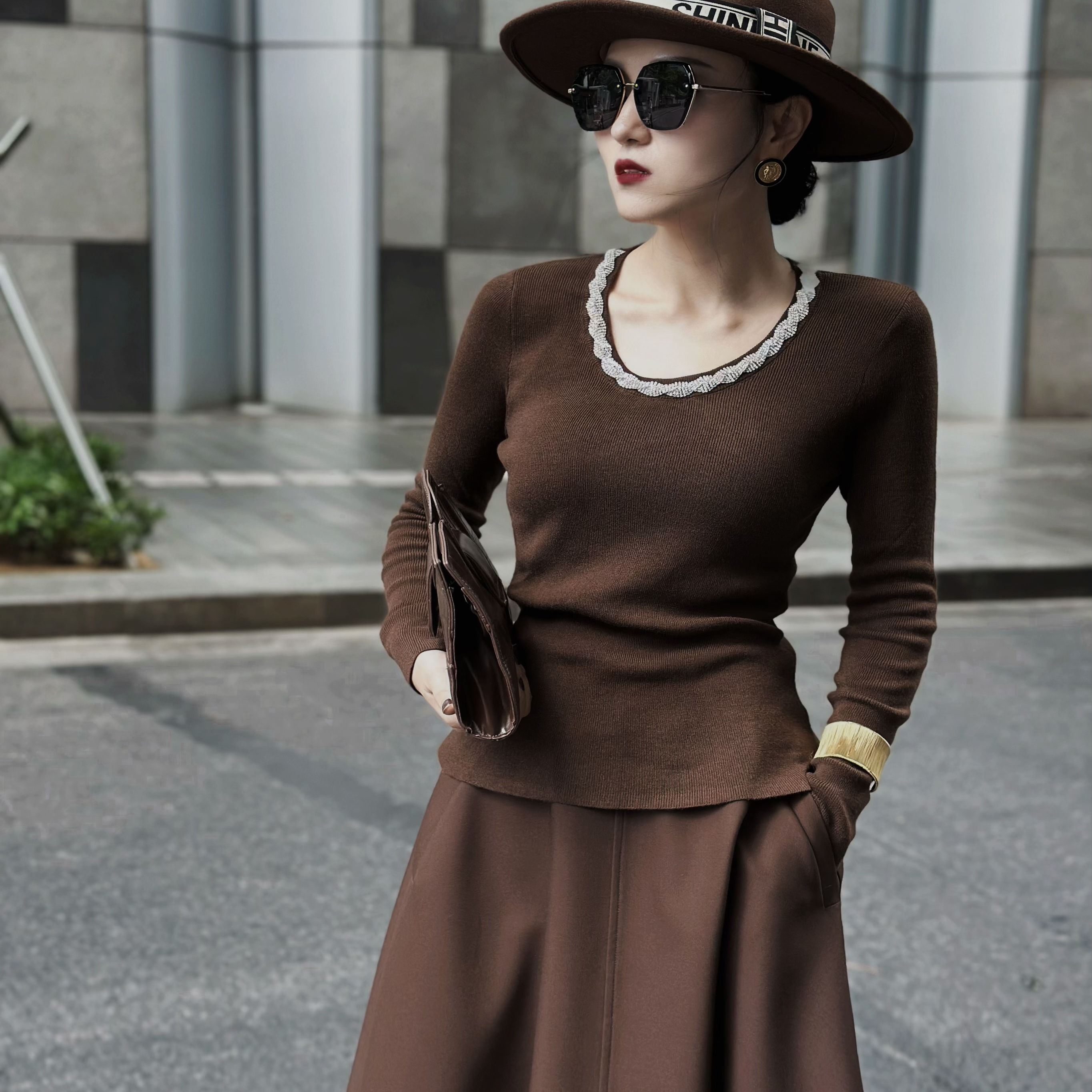 打底针织羊毛衫高腰A字半裙套装