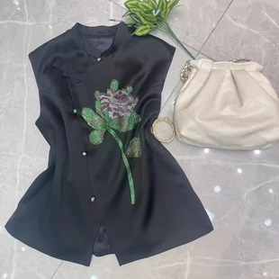 深圳南油欧货新中式醋酸刺绣马甲秋款国风重工玫瑰钉珠无袖外套女