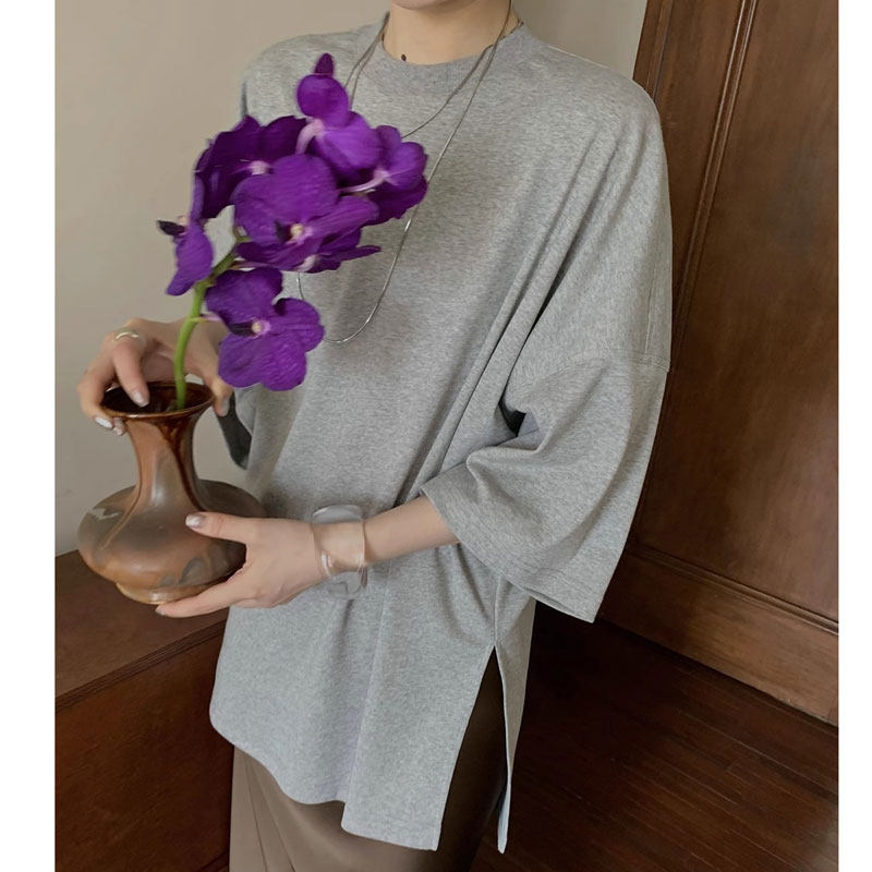 重磅丝光棉新中式开叉中长T恤女