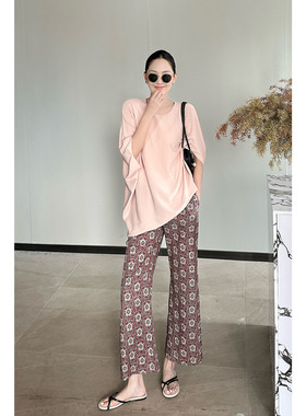 AME  小宝花裤    盛唐美学柿蒂纹中古松紧腰休闲裤ZE03KZYL1187