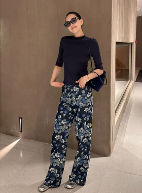 AME 碎冰蓝仔裤 油画系列山花烂漫时漫野直筒裤显瘦阔腿裤休闲裤