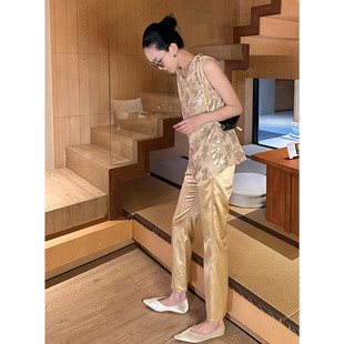 轻奢休闲裤 AME 可穿松紧腰奢华金调微喇裤 三季 女 极光绸金微喇裤
