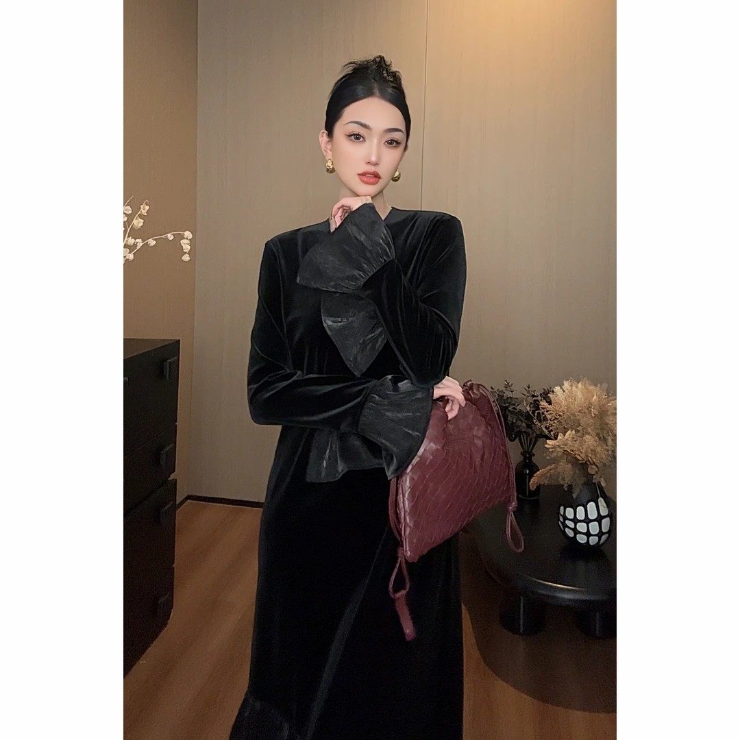 紫紫 浪漫的事 金编绒丝绒拼接连衣裙女大气时尚百搭宽松长袖长裙,女装/女士精品,连衣裙,淘宝优惠券,粉丝福利购,淘宝优惠卷