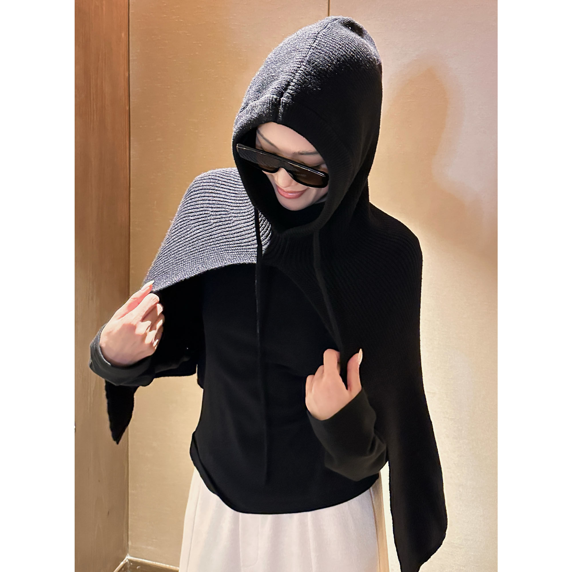 AME  造型帽披肩   暖绒连帽高领开衩针织披肩大围脖ZD08AMYL661
