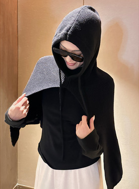 AME  造型帽披肩   暖绒连帽高领开衩针织披肩大围脖ZD08AMYL661