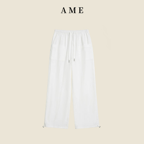 AME  新逍遥 休闲宽松高腰百搭设计款棉感透气直筒裤ZE04KZYL1321