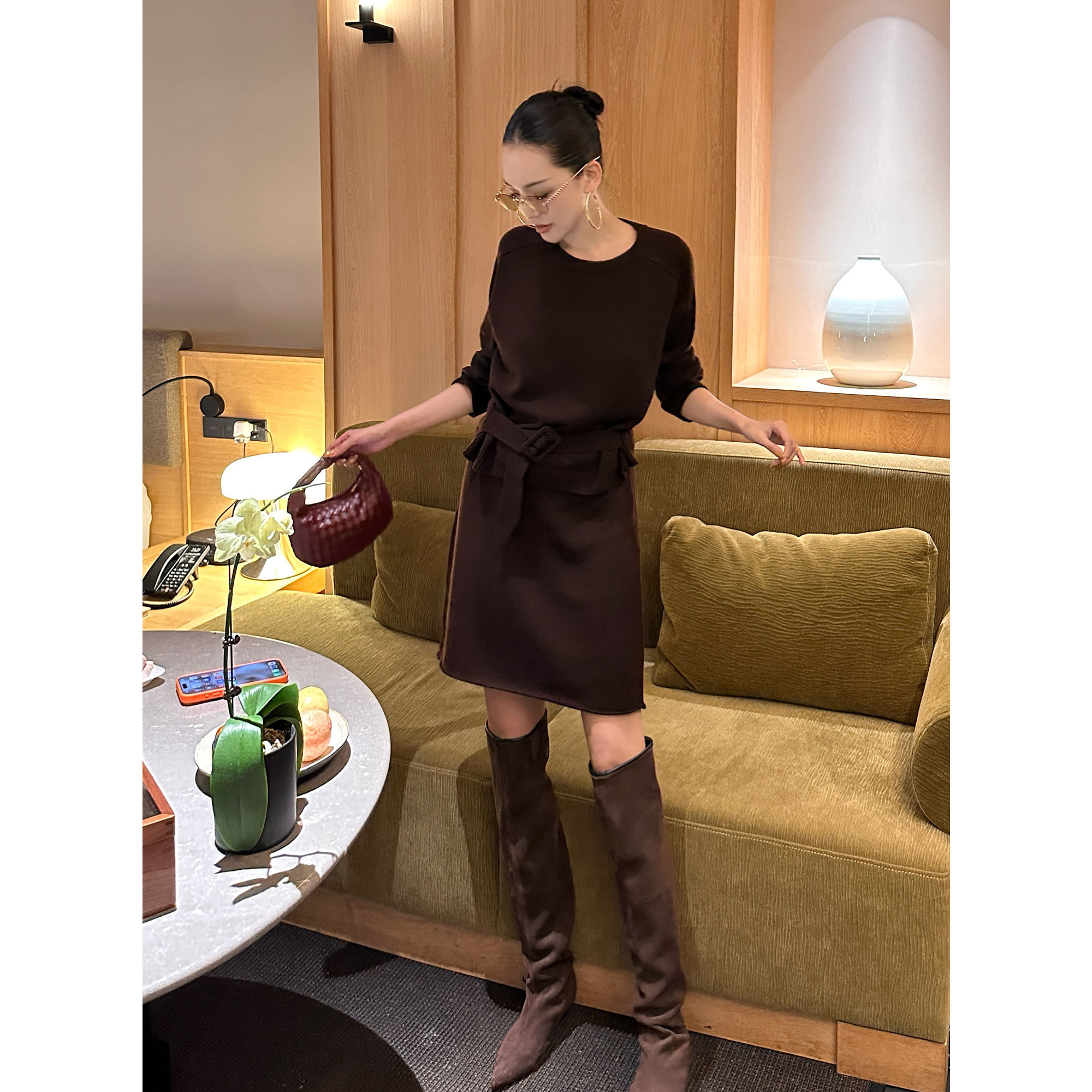 紫紫 腰封毛衣套装 优雅美学腰带圆领上衣+A字半裙时尚套装显瘦女,女装/女士精品,时尚套装,淘宝优惠券,粉丝福利购,淘宝优惠卷