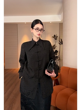 紫紫 东方韵味 复古精致尖领新中式盘扣衬衫黑色翻领长袖显瘦上衣