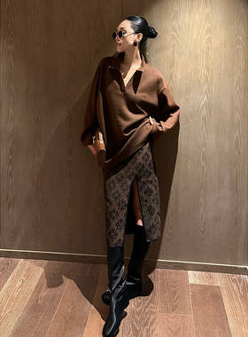 AME 海棠半裙 中古系列色织羊毛混纺柔糯挺括半身裙前开叉半裙女