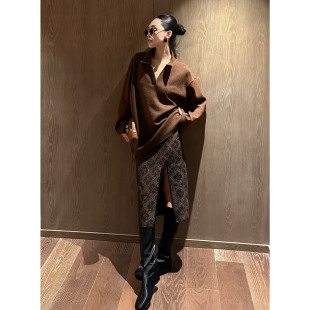 AME 中古系列色织羊毛混纺柔糯挺括半身裙前开叉半裙女 海棠半裙