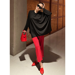 休闲微喇裤 春夏秋立裁切割感卷棉透气九分裤 子 卷卷棉小红裤 AME