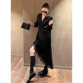 风采镂空之美递进层次蕾丝边连衣裙长袖 四季 v领裙 裁缝大师裙 AME