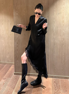 AME 裁缝大师裙 四季风采镂空之美递进层次蕾丝边连衣裙长袖v领裙