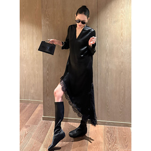 风采镂空之美递进层次蕾丝边连衣裙长袖 四季 v领裙 裁缝大师裙 AME