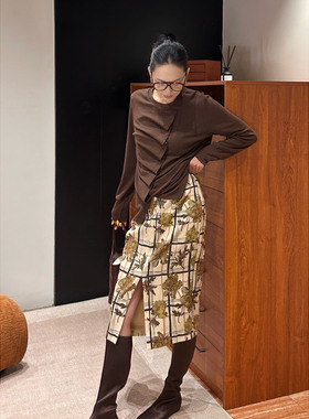 AME 海棠花未眠裙 返璞斑斓印象花园前开叉半裙格纹小众半身裙女