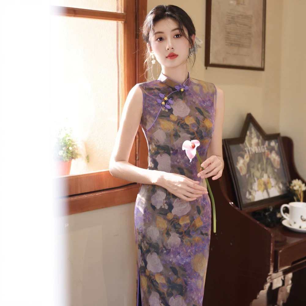 紫色复古油画风旗袍2026新款改良少女新中式日常可穿连衣裙小个子