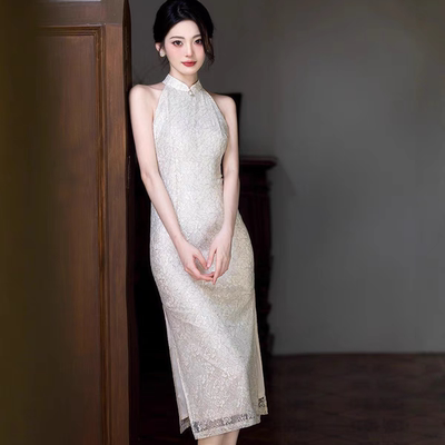 时尚改良新中式蕾丝带披肩旗袍2025秋冬新款女士显瘦连衣裙两色