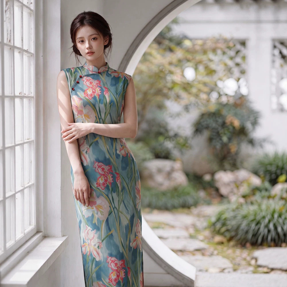 贝之韵绿色网纱印花夏长款旗袍女2026夏新款少女无袖年轻款图片