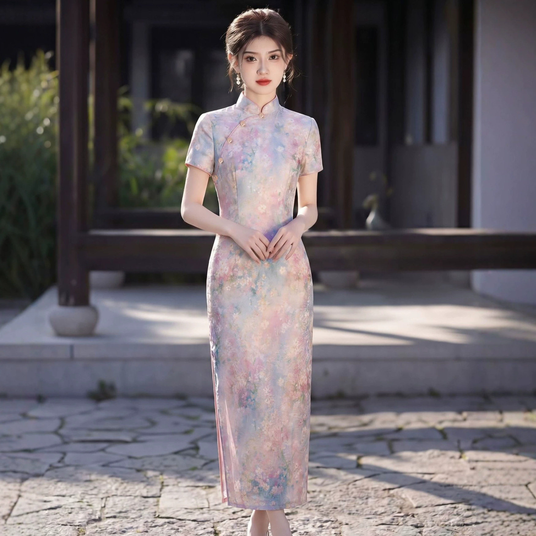新中式紫色国风油画款旗袍改良年轻2026新款女高级绝美显瘦连衣裙