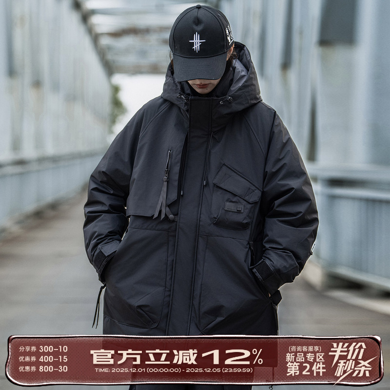 AOGZ国潮牌中长款工装羽绒服男冬季2025新款户外三防重工冲锋外套