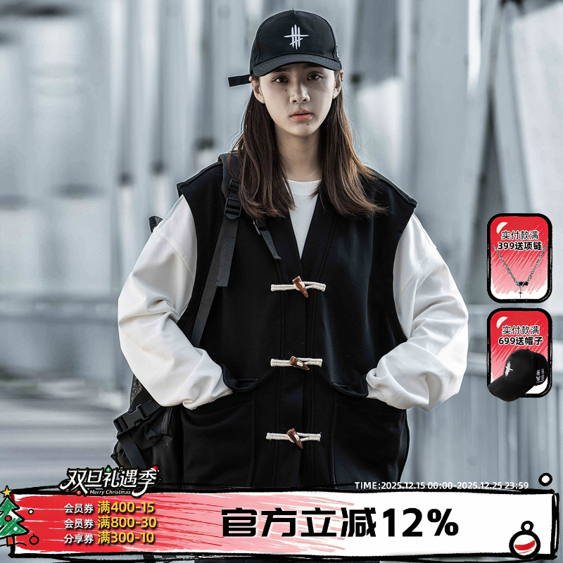 小彬国潮牌牛角扣V领针织马甲男女秋冬坎肩2025新款工装背心马夹