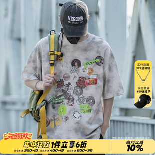 水洗做旧重磅情侣装 AOGZ国潮牌涂鸦印花短袖 美式 新款 T恤男女夏季