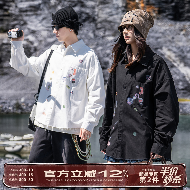 小彬国潮复古街头印花毛边长袖衬衫男女秋冬季高级感痞帅衬衣外套