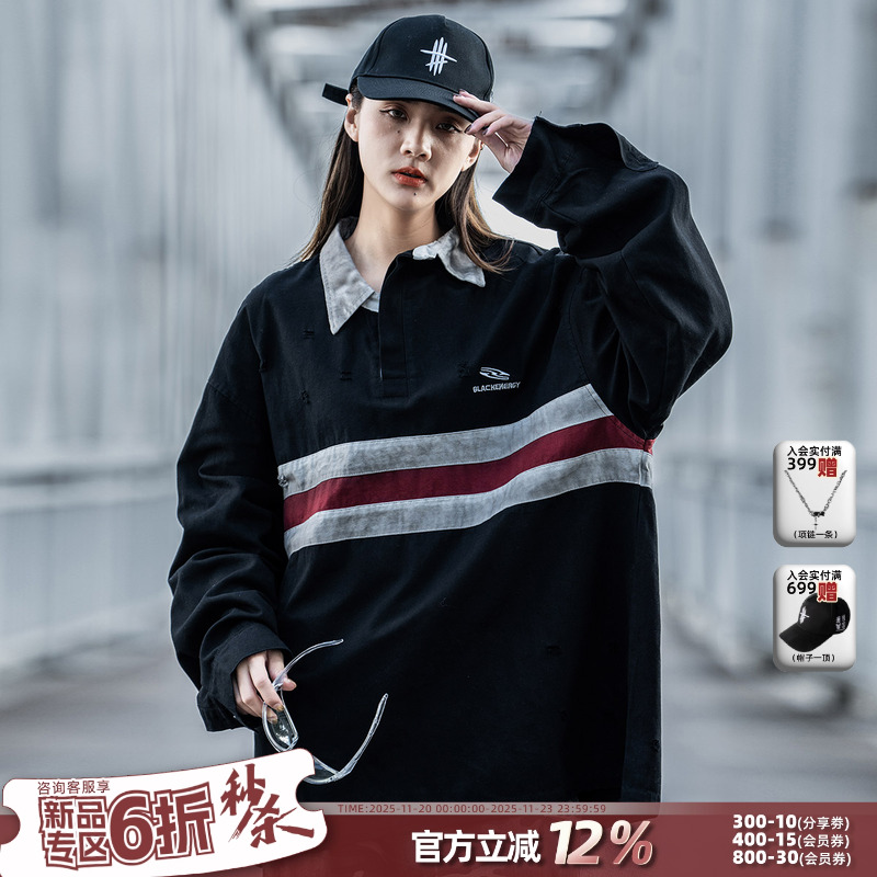 小彬国潮牌不规则设计感卫衣男女秋冬新款复古做旧POLO领情侣上衣
