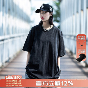 体恤宽松情侣上衣 复古半袖 小彬国潮牌重磅水洗做旧短袖 T恤男夏季