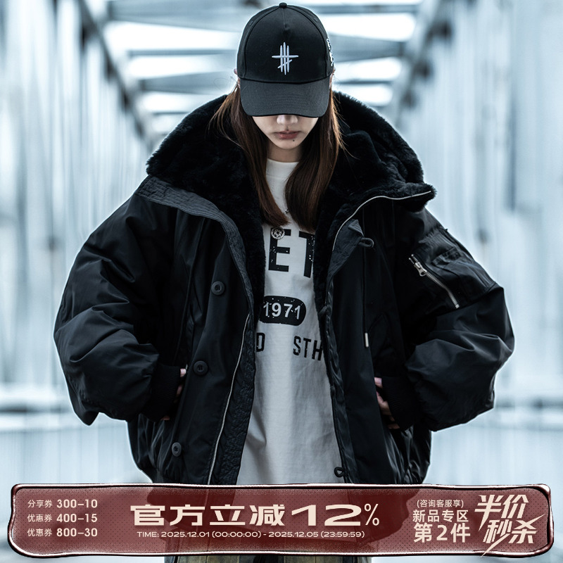 国潮牌夹克外套男女冬季高级感美式工装派克服情侣连帽座山雕棉衣