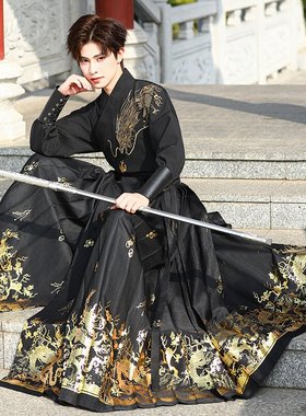 刺绣龙纹上衣烫金马面裙新中式国风霸气黑色男汉服古风武侠套装秋
