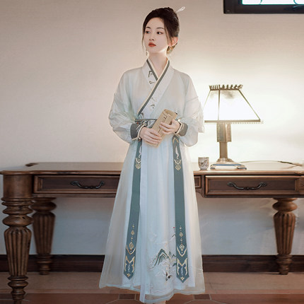 夏季新款汉服直裾配腰封情侣cp日常飘逸仙鹤套装腰封飘片可拆卸